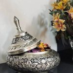 قندان سفینه بزرگ قلمزنی گل و مرغ اعلا | آبکاری نقره | سیاه قلم