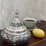 قندان سفینه متوسط قلمزنی گل و مرغ اعلا | آبکاری نقره | سیاه قلم