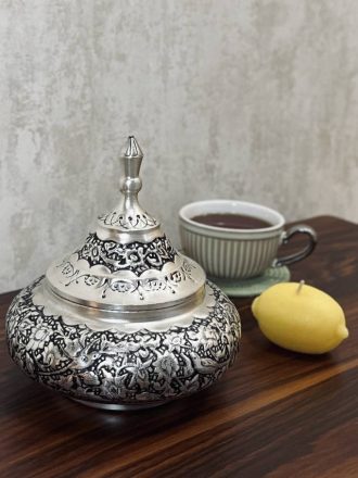 قندان سفینه متوسط قلمزنی گل و مرغ اعلا | آبکاری نقره | سیاه قلم