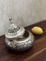 قندان سفینه متوسط قلمزنی گل و مرغ اعلا | آبکاری نقره | سیاه قلم - تصویر 5