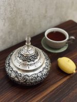 قندان سفینه متوسط قلمزنی گل و مرغ اعلا | آبکاری نقره | سیاه قلم - تصویر 6
