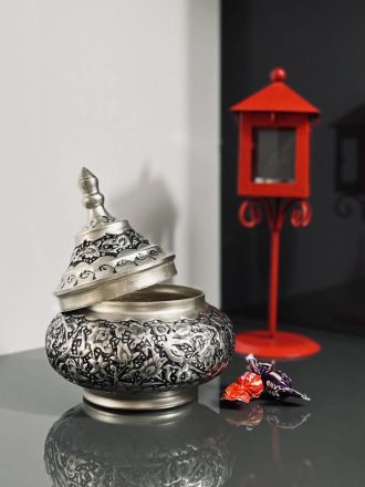 قندان سفینه کوچک قلمزنی گل و مرغ اعلا | آبکاری نقره | سیاه قلم