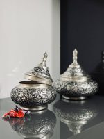 قندان سفینه کوچک قلمزنی گل و مرغ اعلا | آبکاری نقره | سیاه قلم - تصویر 3