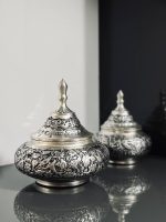 قندان سفینه کوچک قلمزنی گل و مرغ اعلا | آبکاری نقره | سیاه قلم - تصویر 4