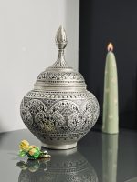 قندان سیبی متوسط قلمزنی لوتوس | آبکاری نقره مات(پتینه) | سیاه قلم